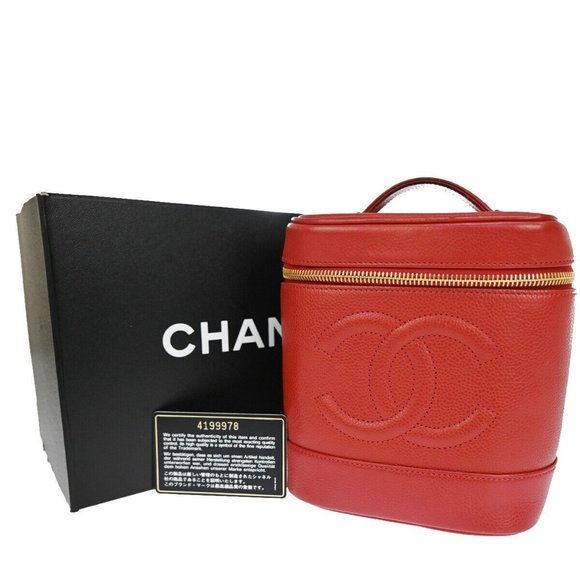 CHANEL CC Vanity Cosmetic Hand Bag Caviar Skin Leather Red GHW Vintage